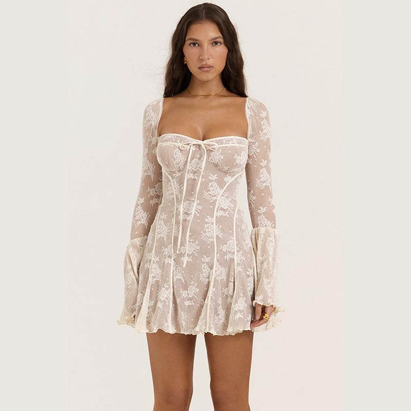 Lace Square Collar Dress Bell-bottom Long Sleeve Tied A- Line Dresses Womens Clothing - ProTrendyz