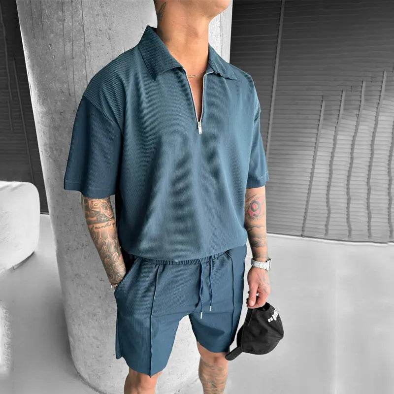 Summer Fashion Mens Clothing Men's Suits New Zipper Polo Casual Short Sleeve Drawstring Shorts Men's Set - ProTrendyz