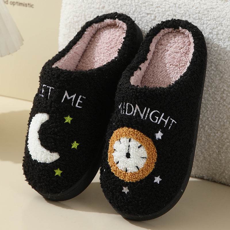 Fashion Moon And Clock Print Home Slippers Winter Warm Floor Bedroom House Shoes For Women - ProTrendyz
