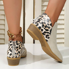 Fashion Leopard Print Boots Women Pointed Toe Chunky Heel Back Zipper Shoes - ProTrendyz