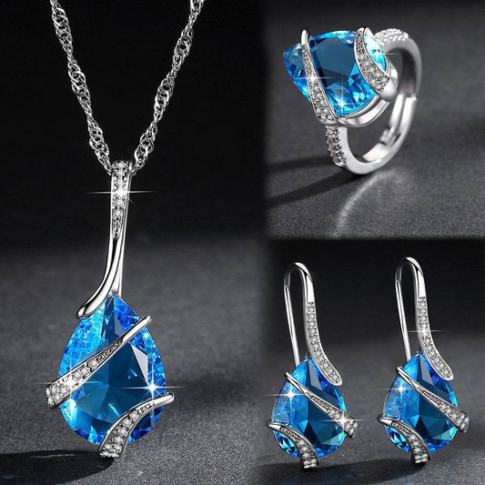 Three-piece Set Colored Gems Set Rings Necklace Earrings - ProTrendyz