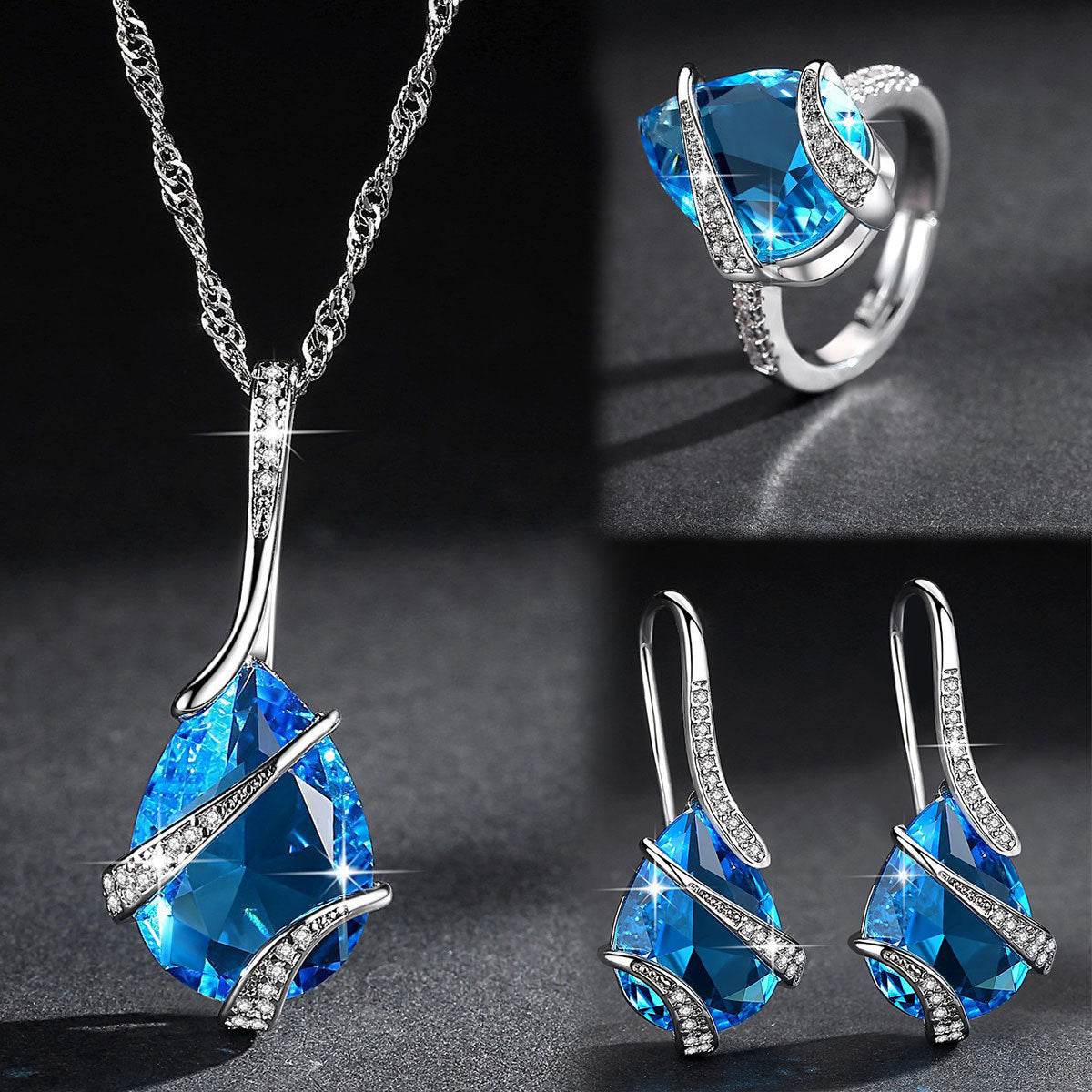 Three-piece Set Colored Gems Set Rings Necklace Earrings - ProTrendyz