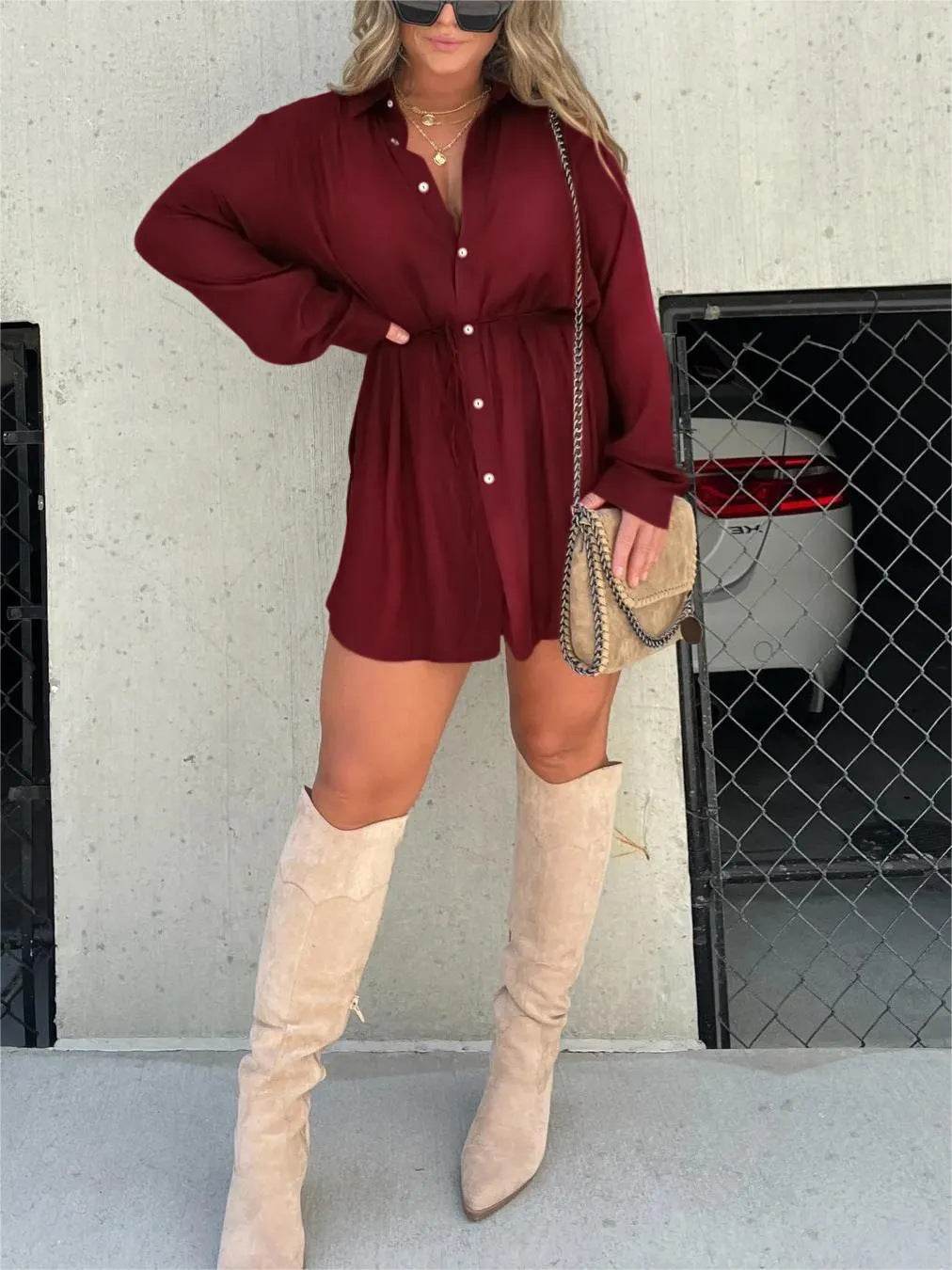 Women's Long Sleeve Jumpsuit With Button Fashion Shirt Dress - ProTrendyz