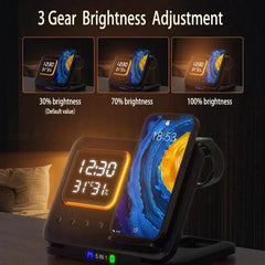 15W Wireless Chargers Stand 5 In1 LED Digital Alarm Clock Fast Charging Dock Station - ProTrendyz
