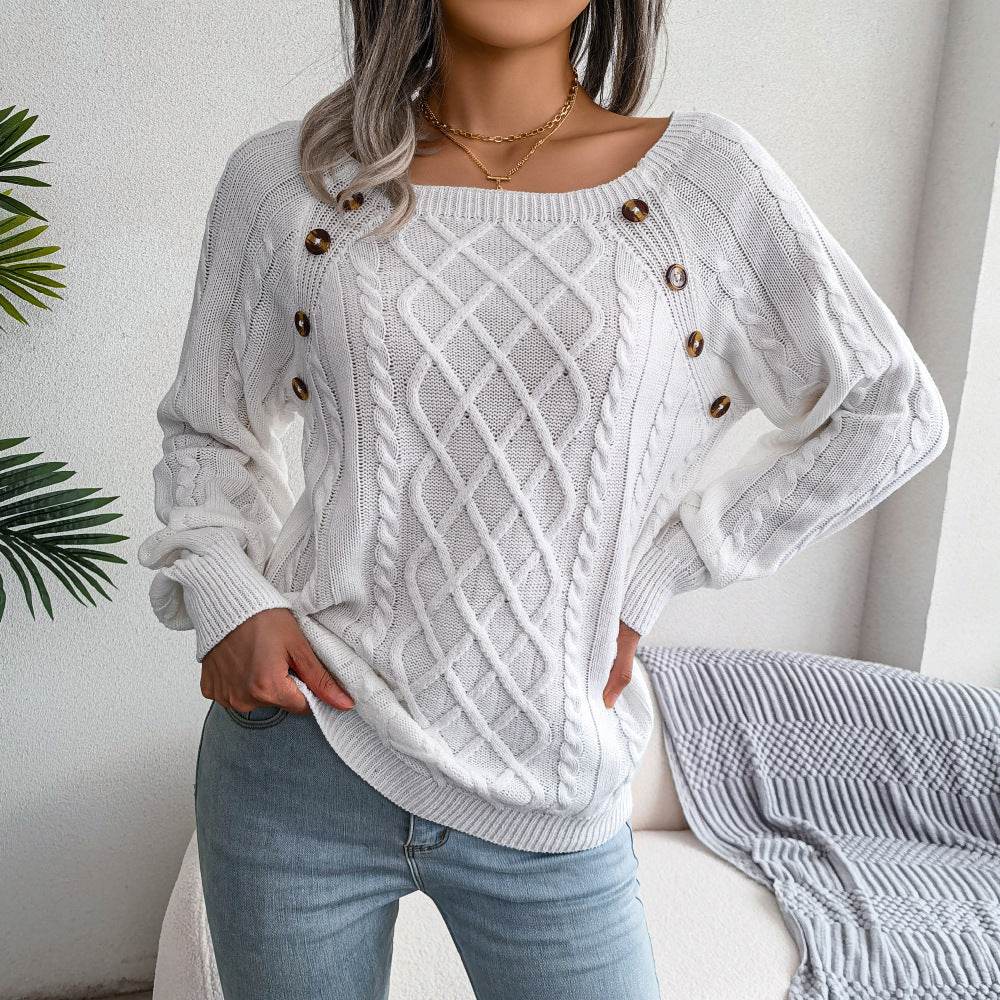 Square Neck Knitted Sweater With Button Design Winter Warm Long Sleeve Tops Women's Clothing - ProTrendyz