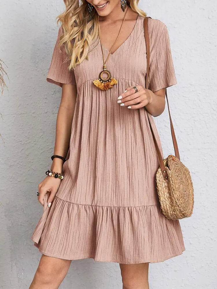 V-neck Short Sleeve Dress Summer Fashion Casual Loose Ruffled Dresses Beach Clothing Women - ProTrendyz