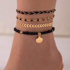 4pcs Set Bohemian Woven Rope Foot Chain For Men And Women Geometric Alloy Black Beads Dropping Oil Anklet Set Summer Fashion Jewelry - ProTrendyz