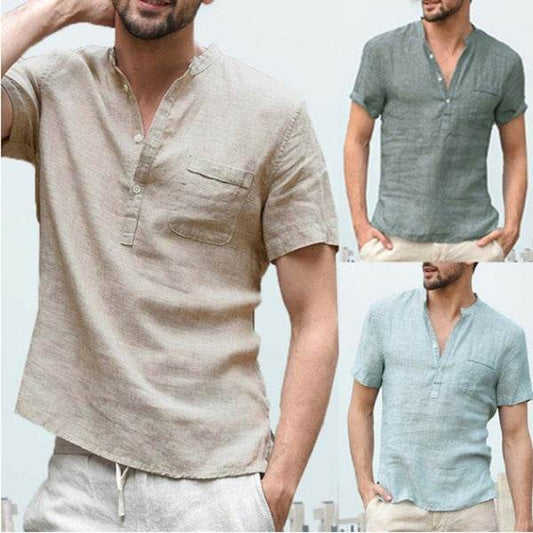 Casual Linen Solid Color Shirt Button V Neck Beach Shirt Men Summer Tops - ProTrendyz