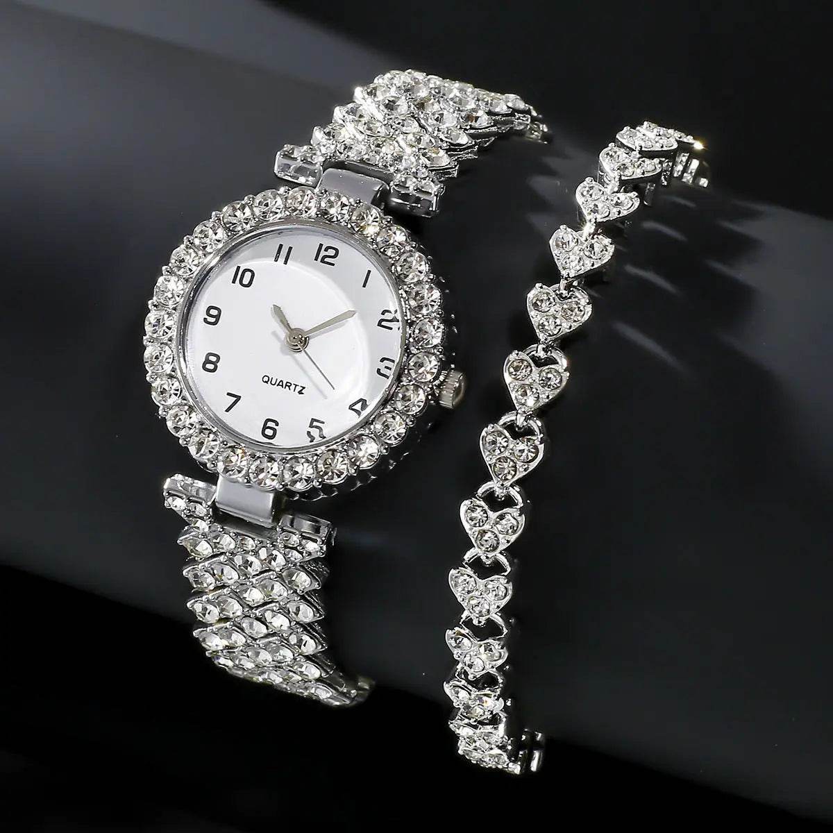 Fashion Jewelry 2pcs Luxury Fashion Women Watch Set Silver Strap Ladies Quartz Wristwatch Alloy Bracelet For Ladies Jewelry Set Clock Gift - ProTrendyz