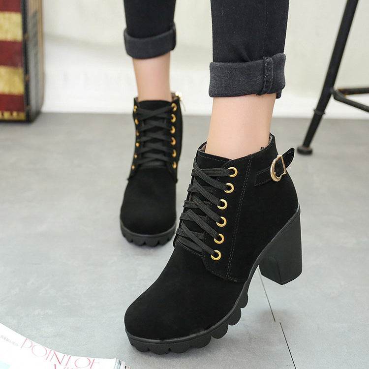 Chunky Block Heel Boots Buckle Ankle Boots Women Shoes - ProTrendyz