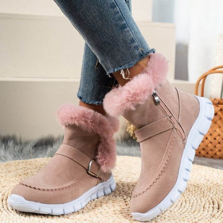 New Snow Boots Winter Warm Thickened Solid Color Plush Ankle Boots With Buckle Design Plus Velvet Flat Shoes For Women - ProTrendyz