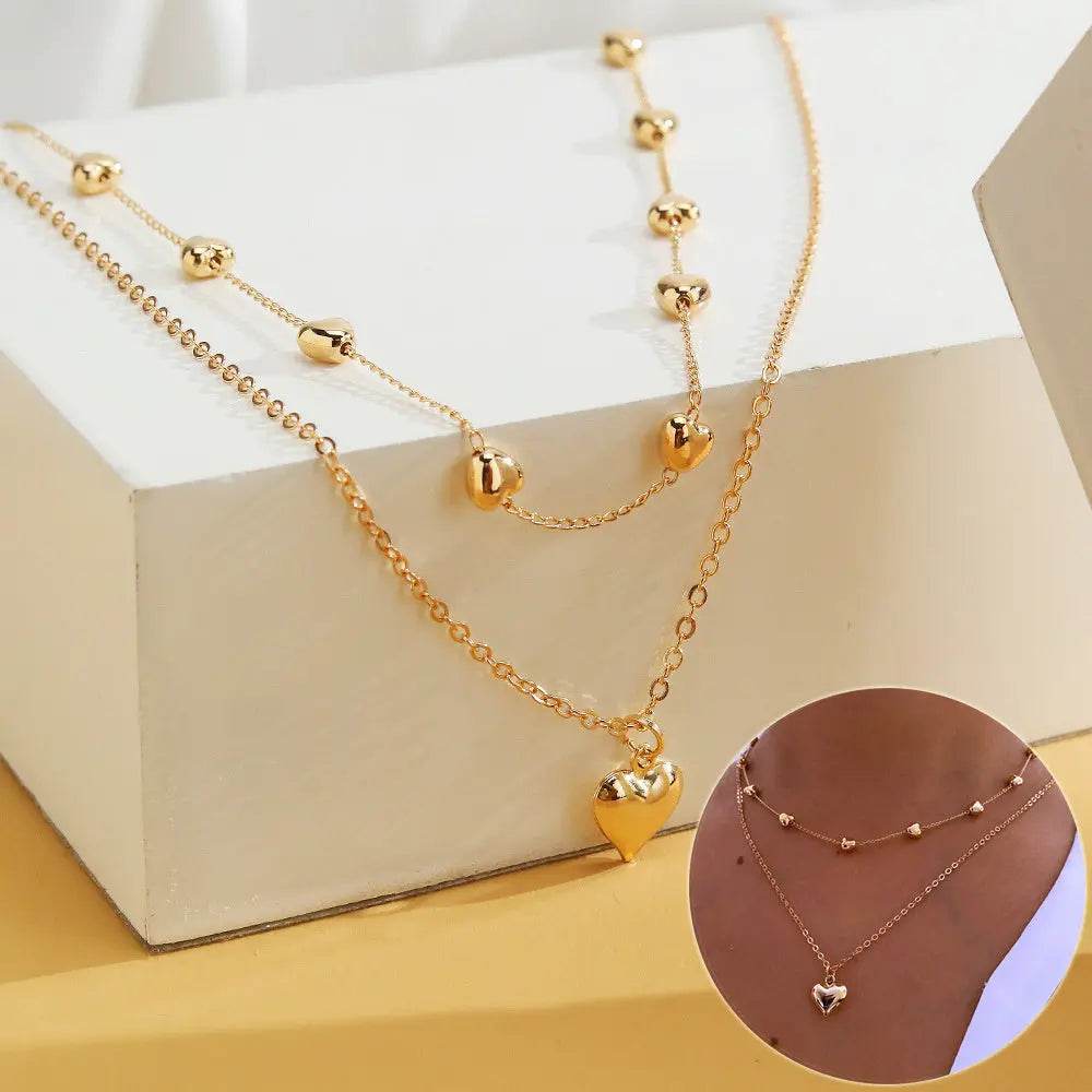 Double-layer Heart Pendant Fine Chain Necklace For Women Multilayer Gold Color Metal Necklaces Fashion Jewelry Accessories - ProTrendyz