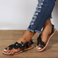 Lace Sandals Bohemia Beach Shoes Flowers Ankle Strap Flat Shoes Summer - ProTrendyz