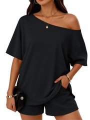 Womens 2-piece Fashionable Casual Set Slant-Neck Top And Shorts For Loungewear Daily Wear Work Gym Outfit