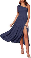 New Summer Fashion Women's One-shoulder Pleated Layered Hem Split Dress - ProTrendyz
