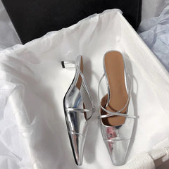 Women's Silver Closed Toe Mule Slides 2025 Summer New British Style Chunky Heel Lazy Slip-on Sandals