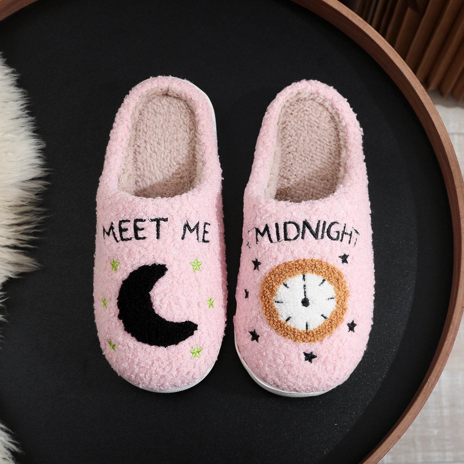Fashion Moon And Clock Print Home Slippers Winter Warm Floor Bedroom House Shoes For Women - ProTrendyz