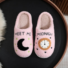 Fashion Moon And Clock Print Home Slippers Winter Warm Floor Bedroom House Shoes For Women - ProTrendyz