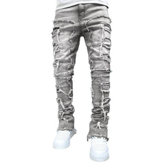 Men Trousers Individual Patched Pants Long Tight Fit Stacked Jeans For Mens Clothing - ProTrendyz