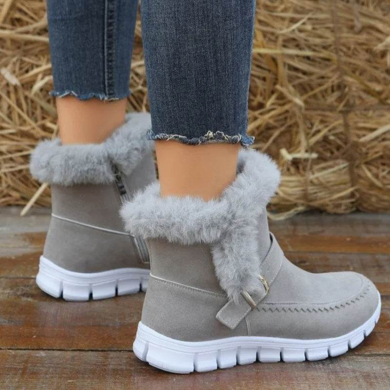 New Snow Boots Winter Warm Thickened Solid Color Plush Ankle Boots With Buckle Design Plus Velvet Flat Shoes For Women - ProTrendyz