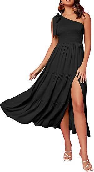 New Summer Fashion Women's One-shoulder Pleated Layered Hem Split Dress - ProTrendyz