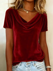 New Solid Color Scoop Neck Short-Sleeve Sexy Velvet T-Shirt