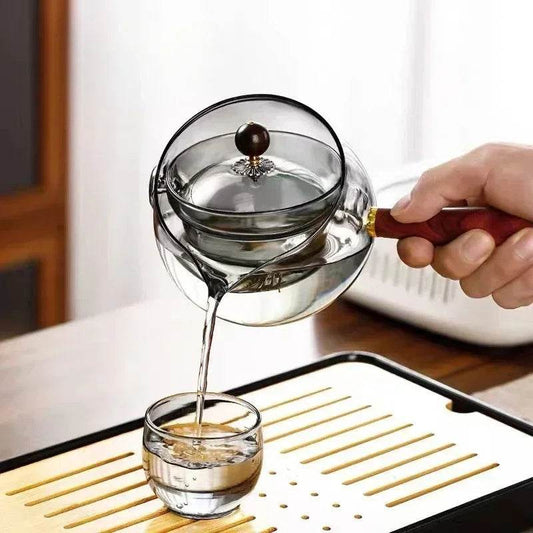 Semi-automatic Rotary Heat-resistant Glass Teapot Lazy Tea Making With Infuser And Wooden Handle Office Home Accessories Kitchen Gadgets - ProTrendyz