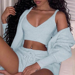 3pcs Womens Clothing Long Sleeve Crop Tank Top And Drawstring Shorts Pajama Set - ProTrendyz