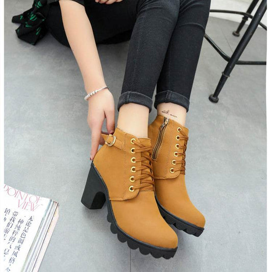 Chunky Block Heel Boots Buckle Ankle Boots Women Shoes - ProTrendyz