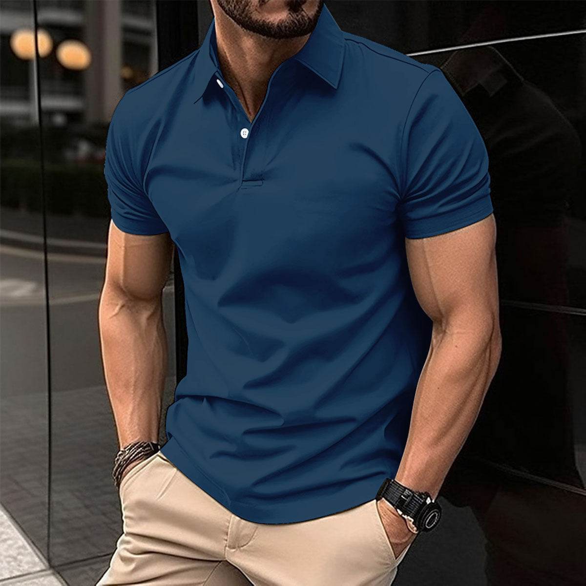 Summer Short Sleeve Polo Shirt Men Solid Color Button Lapel Button Top - ProTrendyz