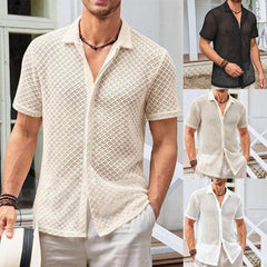 Summer Mesh Short Sleeve Shirt Fashion Solid Color Lapel Shirt Tops Beach Men Clothing - ProTrendyz