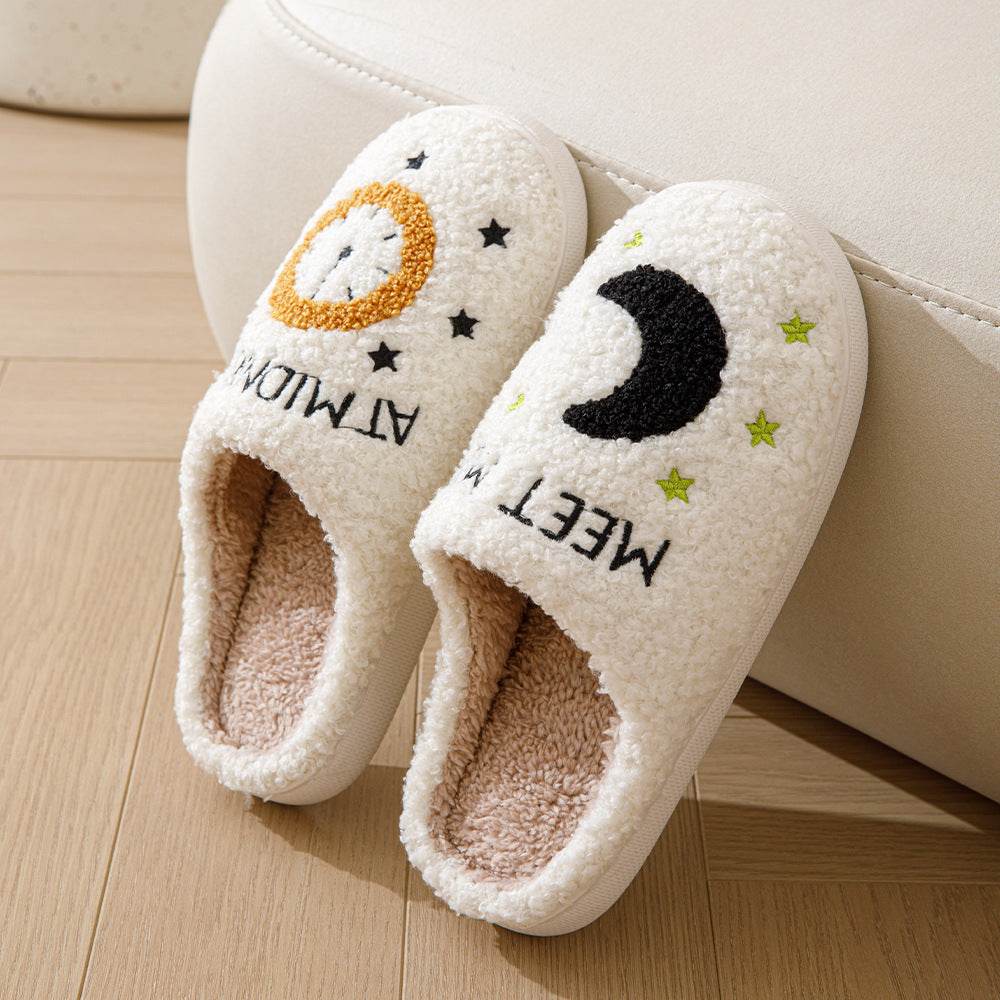 Fashion Moon And Clock Print Home Slippers Winter Warm Floor Bedroom House Shoes For Women - ProTrendyz