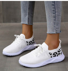White Shoes Women Leopard Print Lace-up Sneakers Sports - ProTrendyz