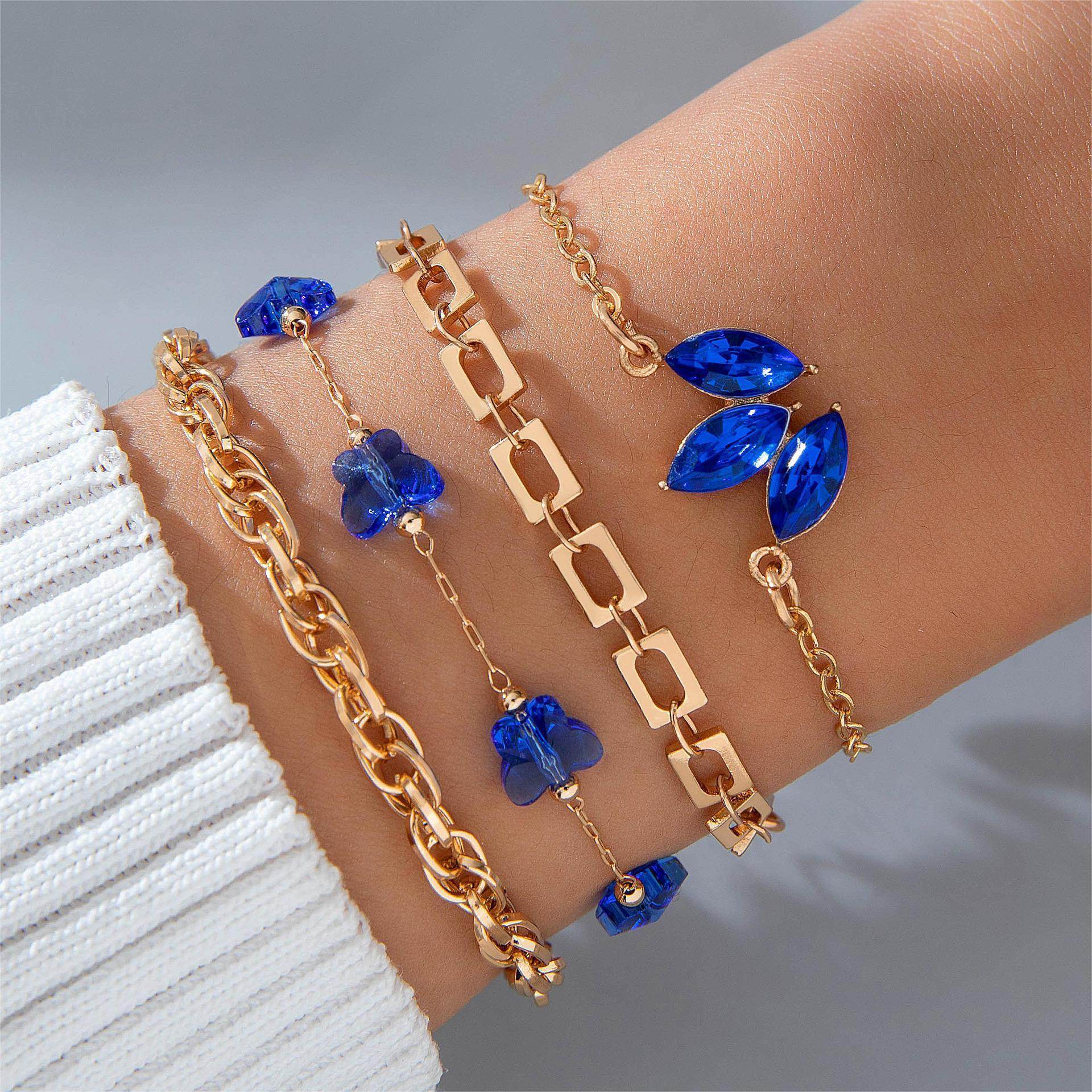4pcs Blue Flower Love Butterfly Bracelet Set With Rhinestones Design Valentines Day - ProTrendyz