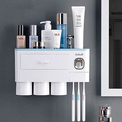 Non-marking Hanging Magnetic Toothbrush Holder Single Drawer Storage Rack With Toothpaste Squeezer Toiletry Set - ProTrendyz