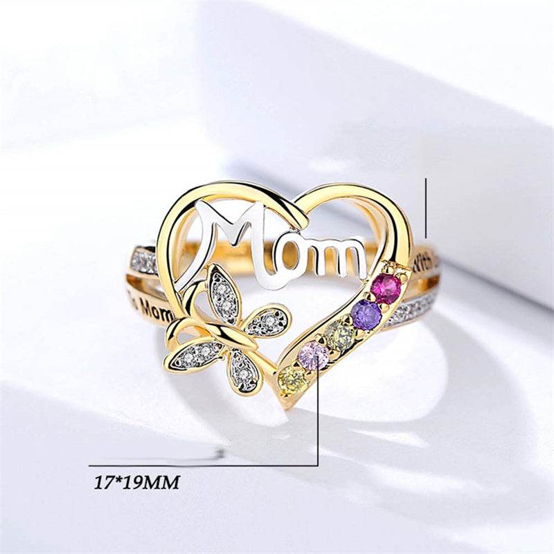 Mother's Day Gift Hollow Heart English Letter Love Mom Rhinestone Butterfly Finger Ring Jewelry Gift - ProTrendyz