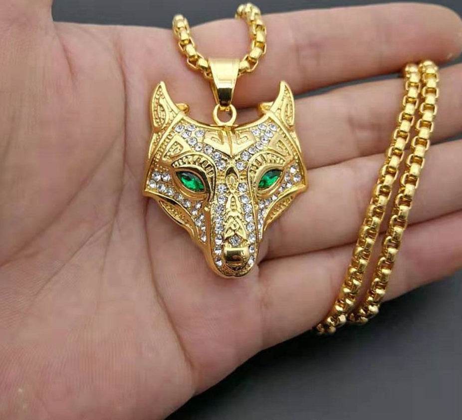 Men Stainless Steel Necklace Gold Color Viking Wolf Head Necklace Pendant With Chain Iced Out Norse Talisman Ethnic Jewelry - ProTrendyz