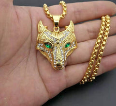 Men Stainless Steel Necklace Gold Color Viking Wolf Head Necklace Pendant With Chain Iced Out Norse Talisman Ethnic Jewelry - ProTrendyz