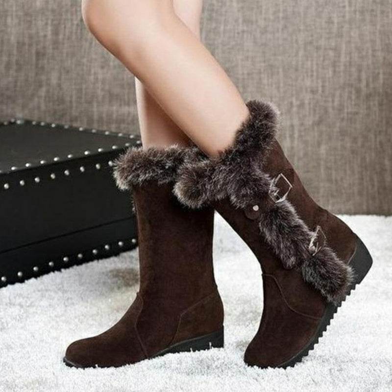 Brown New Winter Women Casual Warm Fur Mid-Calf Boots Shoes Women Slip-On Round Toe Flats Snow Boots Shoes - ProTrendyz