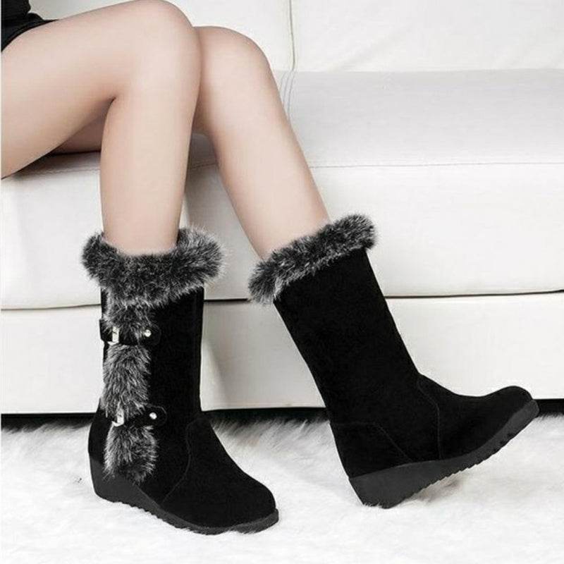 Brown New Winter Women Casual Warm Fur Mid-Calf Boots Shoes Women Slip-On Round Toe Flats Snow Boots Shoes - ProTrendyz