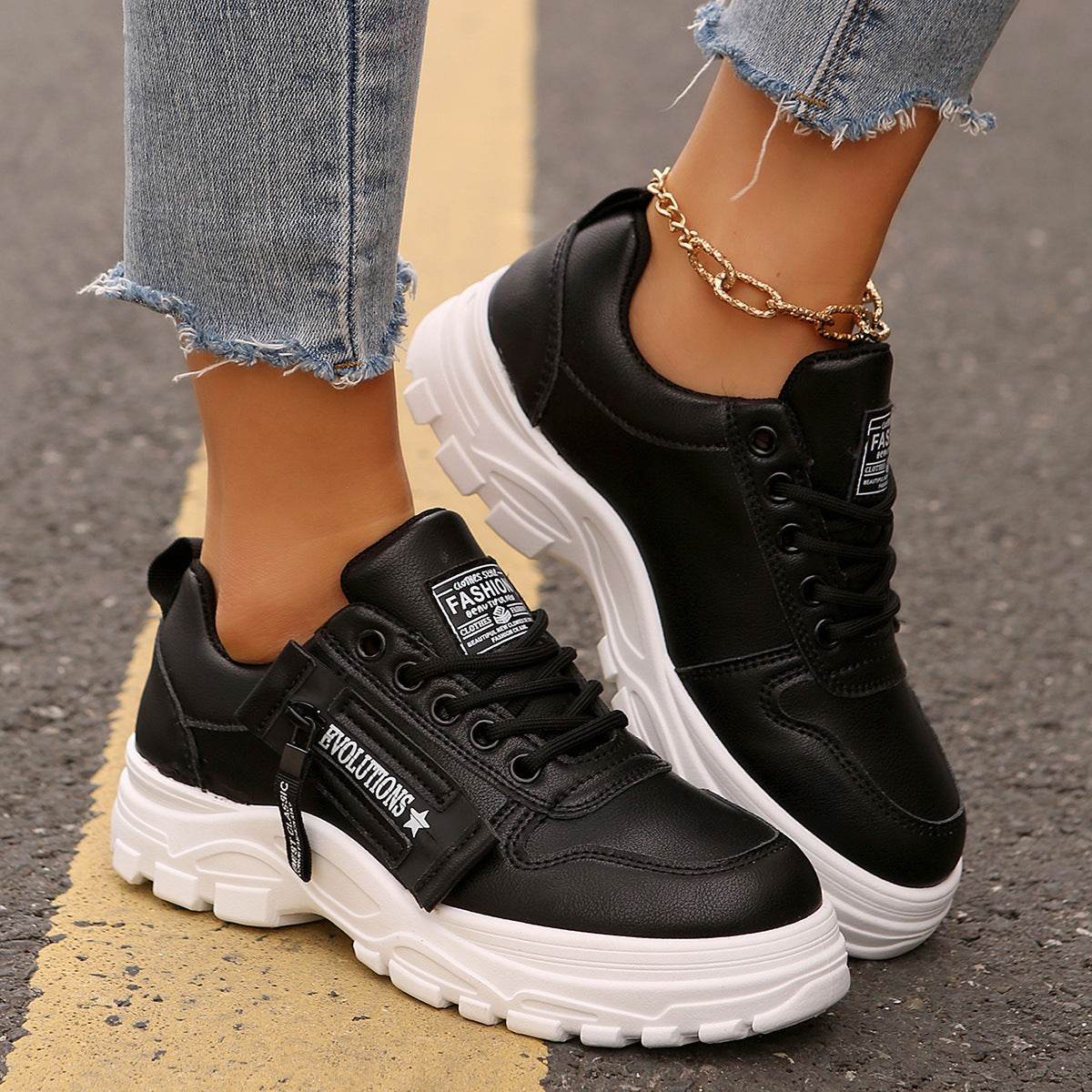 Lace-up Sports Shoes With Side-Zipper Design Fashion Thick-soled Round-toe Casual Shoes For Women Sneakers - ProTrendyz