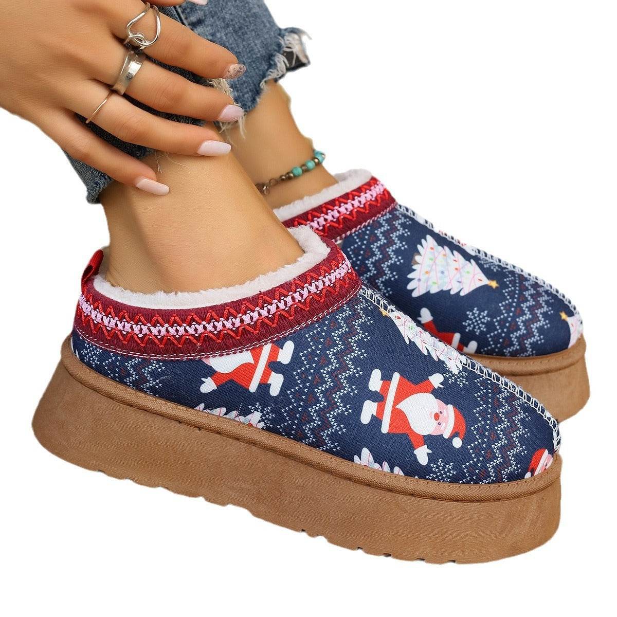 Women's Cartoon Christmas Print Ankle Boots Casual Slip On Plush Lined Home Shoes Comfortable Winter Short Boots - ProTrendyz
