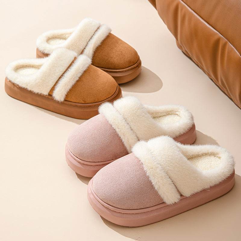Fashion Warm Cotton Slippers For Women Leisure Thick Bottom Non-slip Plus-velvet House Shoes Winter Bedroom Floor Suede Slipper - ProTrendyz