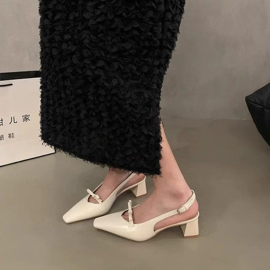 Women's Silver French Style Block Heel Sandals, 2025 New Arrival, Elegant Closed Toe Summer Shoes, Unique Designer Heels For Women