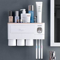 Non-marking Hanging Magnetic Toothbrush Holder Single Drawer Storage Rack With Toothpaste Squeezer Toiletry Set - ProTrendyz