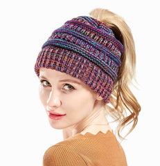Mixed Color Knitted Wool Hat Ladies Non-labeled Ponytail Hat - ProTrendyz