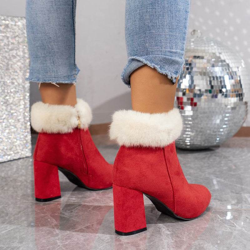 New Plaid Print Plush Ankle Boots Winter Fashoin Square Heel Suede Boots Women Casual Versatile Shoes Autumn And Winter - ProTrendyz