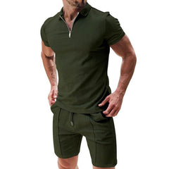 2Pcs Casual Waffle Suit Summer Zipper Lapel Short-sleeved Top And Drawstring Pockets Shorts Versatile Solid Color T-shirt Set For Mens Clothing - ProTrendyz