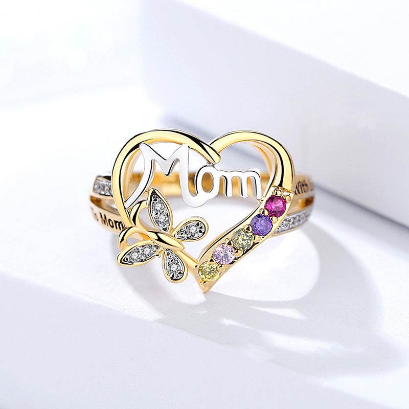 Mother's Day Gift Hollow Heart English Letter Love Mom Rhinestone Butterfly Finger Ring Jewelry Gift - ProTrendyz