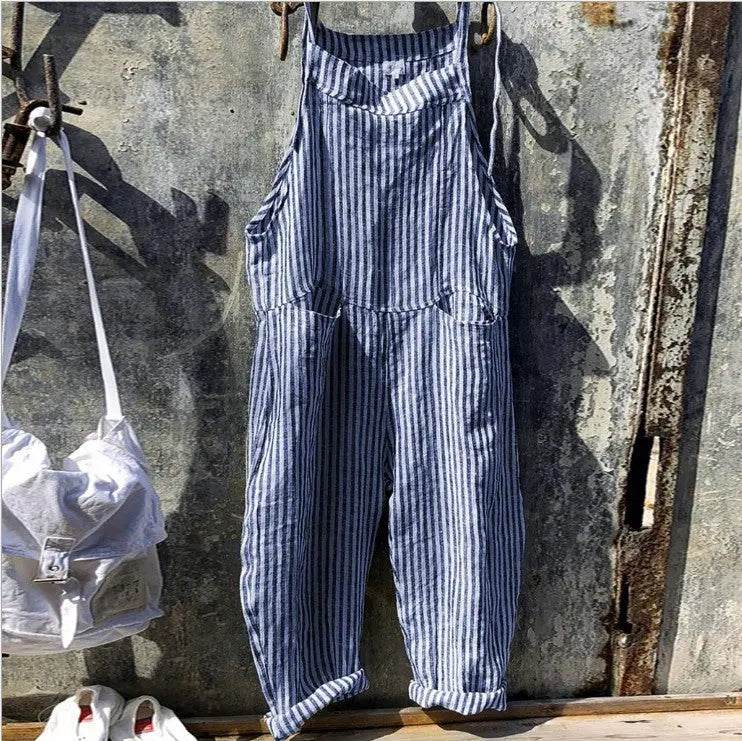 Striped Bib Jumpsuit With Pockets Summer Fashion Loose Wide-leg Pants For Women Clothing - ProTrendyz